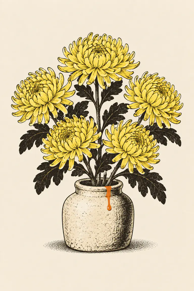 一小束黃色菊花插在陶瓶裡,花瓣細長層疊,葉片以墨色網點畫成