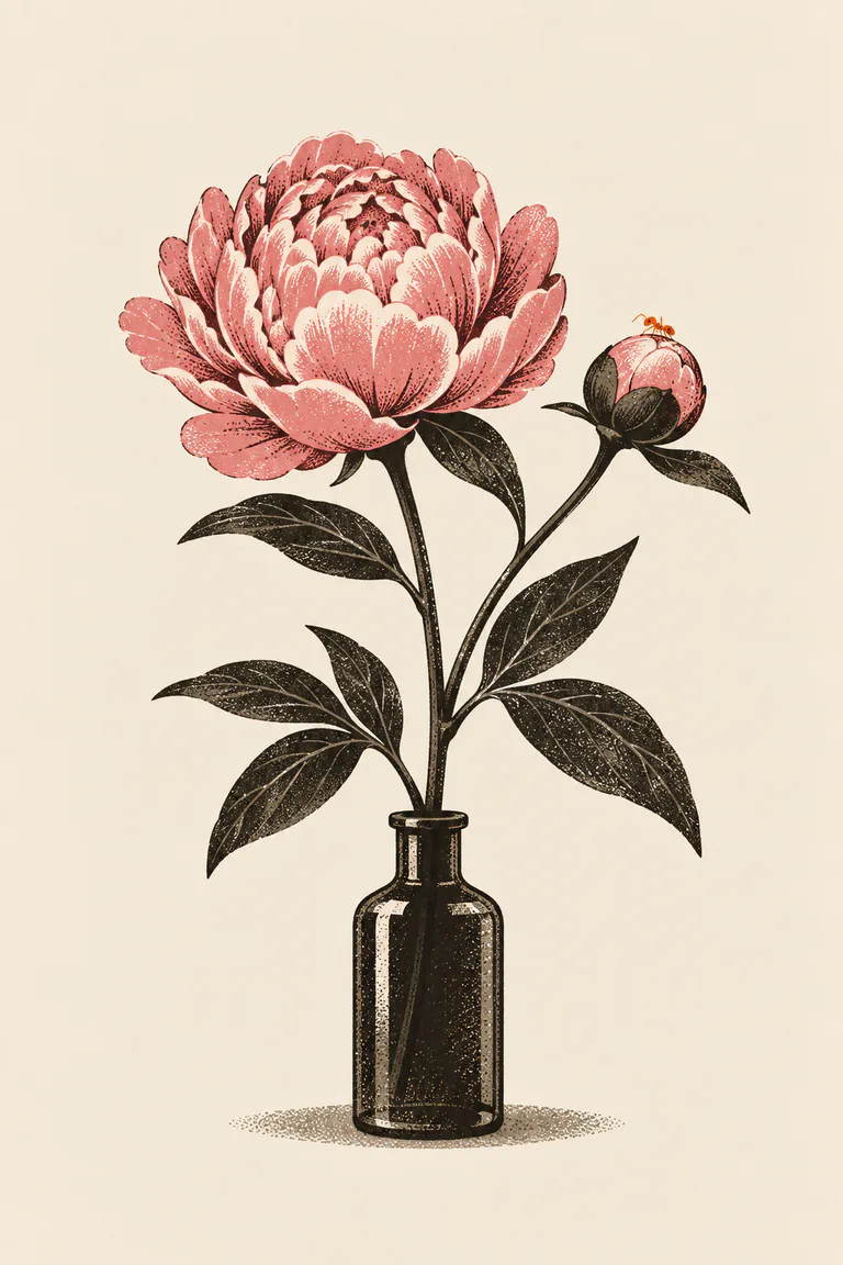 一枝粉色芍藥插在深色小瓶裡,花朵半開,旁邊一顆圓圓的花苞,細長葉片以墨色網點畫成