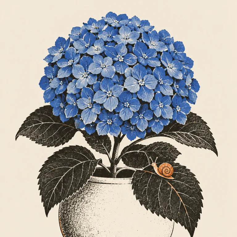 一團藍紫色繡球花球插在陶罐裡,四瓣小花擠成圓球,寬葉以墨色網點畫成