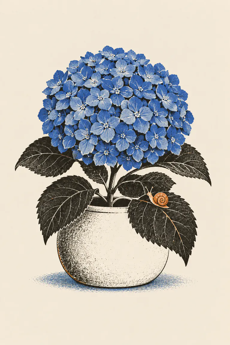 一團藍紫色繡球花球插在陶罐裡,四瓣小花擠成圓球,寬葉以墨色網點畫成