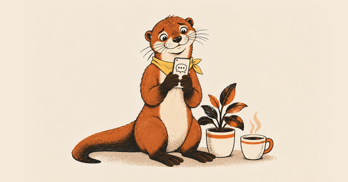 Ein Otter mit gelbem Halstuch sitzt auf dem Boden, drückt das Handy an die Brust und späht über den Rand des Displays, die Augenbrauen leicht gehoben, daneben eine kleine Pflanze und eine Tasse Tee