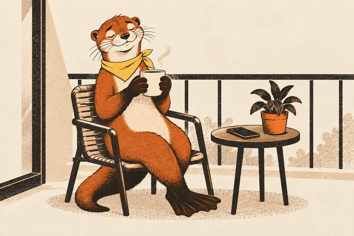 Auf einem Balkon sitzt ein Otter mit geschlossenen Augen auf einem Stuhl, hält eine Tasse warmen Tee und atmet langsam, das Handy liegt umgedreht auf einem kleinen runden Tisch mit Topfpflanze