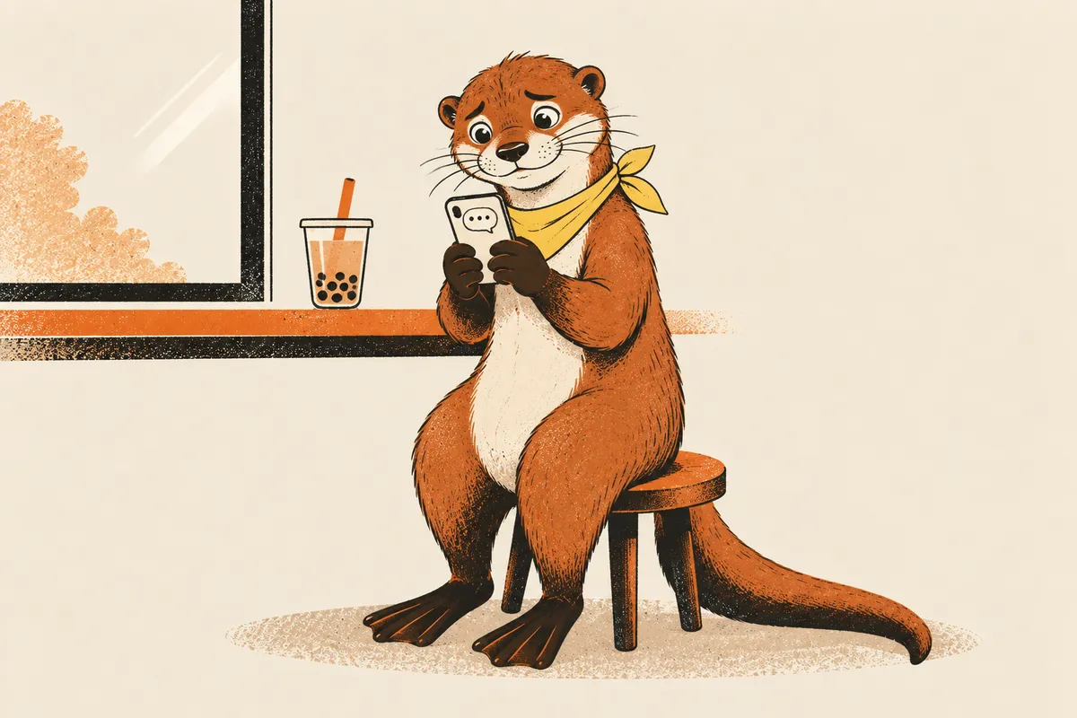 Ein Otter sitzt auf einem Hocker am Fenster eines Kiosks, hält das Handy in beiden Pfoten und starrt auf eine Sprechblase, die Stirn gerunzelt, auf dem Fensterbrett steht ein unberührter Bubble Tea
