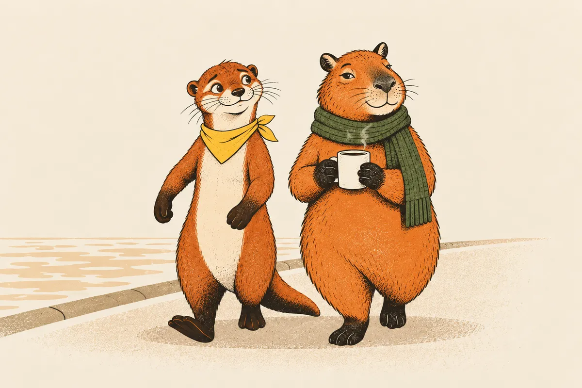 Auf einem Uferweg geht ein Otter mit leeren Pfoten ruhig neben einem Capybara mit grünem Schal, das eine Tasse hält, beide sehr entspannt
