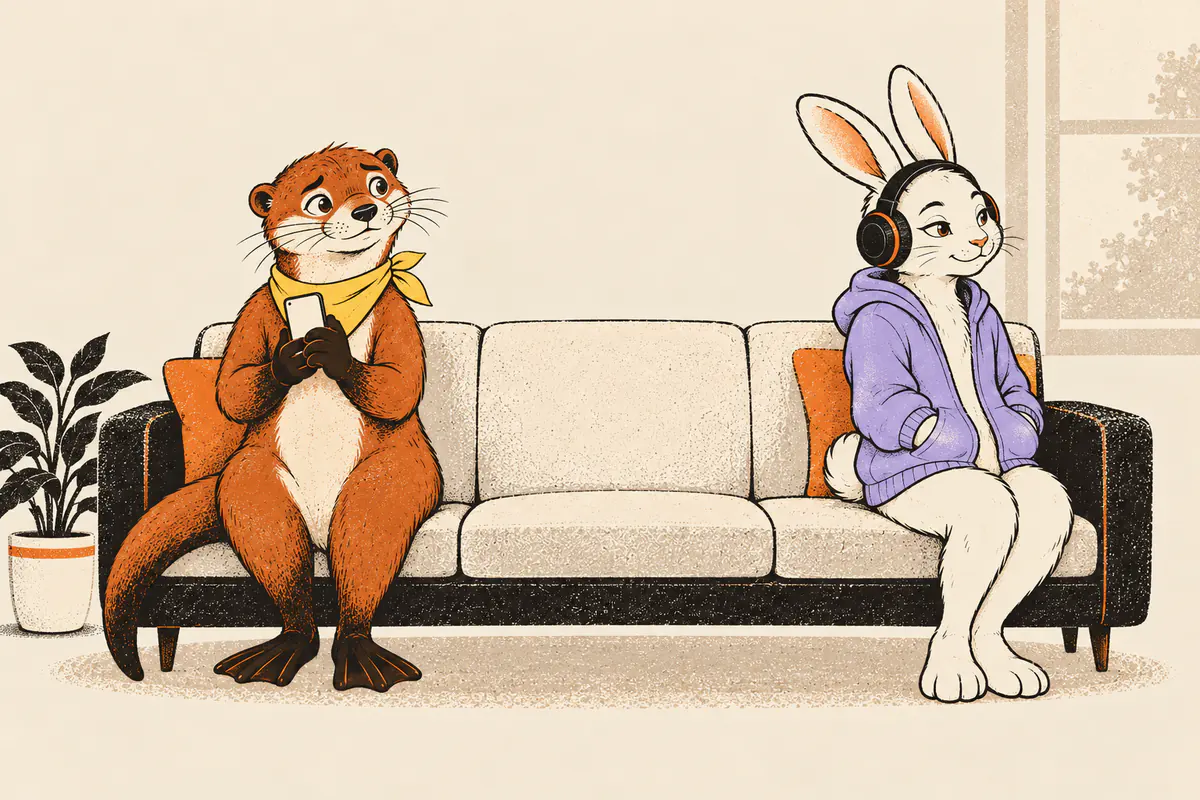 Ein Otter und ein Hase sitzen an den beiden Enden eines Sofas, dazwischen viel leere Fläche, der Hase mit Kopfhörern blickt aus dem Fenster, der Otter hält das Handy und setzt zum Sprechen an