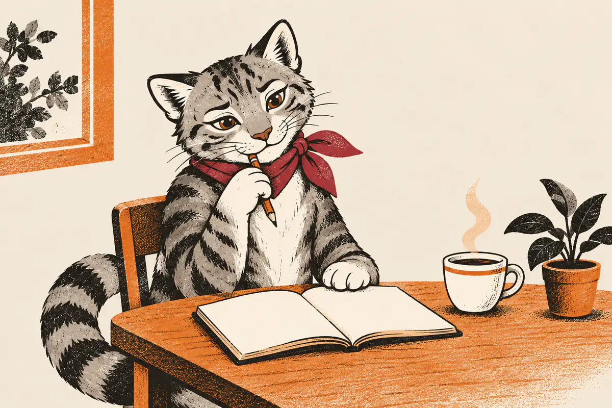 Eine getigerte Katze mit rotem Halstuch sitzt am Fenster am Schreibtisch, kaut auf einem Bleistift und blickt nachdenklich auf ein leeres Notizbuch, daneben Tee und eine kleine Pflanze