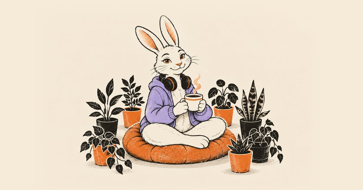 Ein weißer Hase in lavendelfarbenem Kapuzenpulli sitzt im Schneidersitz auf einem Kissen, ringsum ein Kranz kleiner Topfpflanzen wie ein niedriger Zaun, in den Pfoten eine Tasse Tee, zufrieden und entspannt