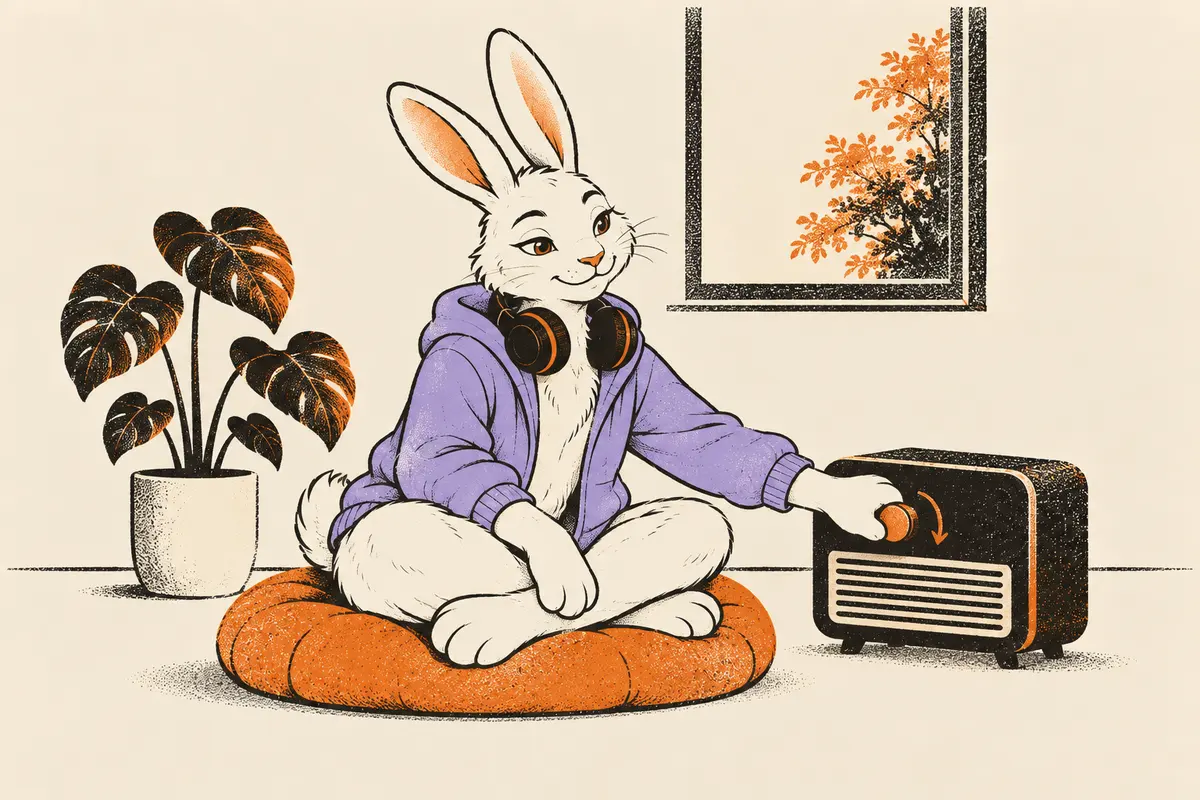 Ein Hase sitzt ruhig im Schneidersitz auf einem Kissen am Boden und dreht an einem alten Radio neben sich den Lautstärkeregler leiser, daneben eine Pflanze mit großen Blättern