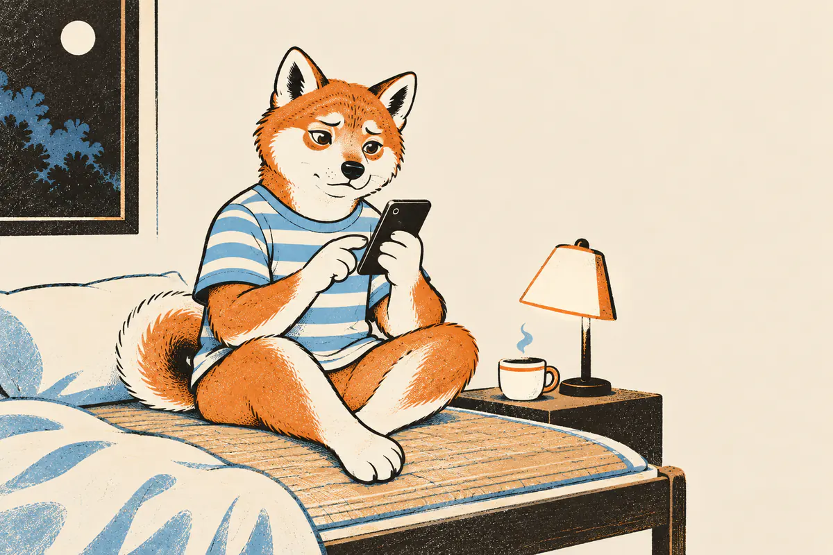 Nachts sitzt ein Shiba im Schneidersitz auf dem Bett mit Bambusmatte, schaut aufs Handy und zieht leicht die Stirn kraus, neben der Nachttischlampe steht ein Glas warme Milch