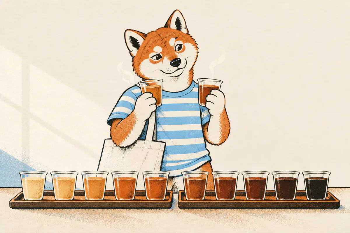 Am Getränkestand liegt eine Reihe Tee von hell bis dunkel in zwei Holzschalen, ein Shiba nimmt zwei Becher an der Grenze in die Hand, deren Farbe fast gleich ist, und betrachtet sie