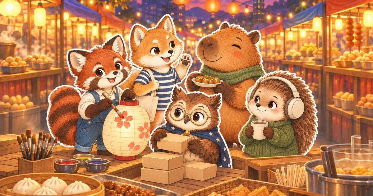黃昏暖光下的夜市小攤,五隻不同的動物各忙各的:一隻在紙燈籠上畫畫,一隻仔細疊好點心盒,一隻邊聊天邊揮手,一隻把食物分給朋友,還有一隻安靜地捧著熱茶慢慢喝。