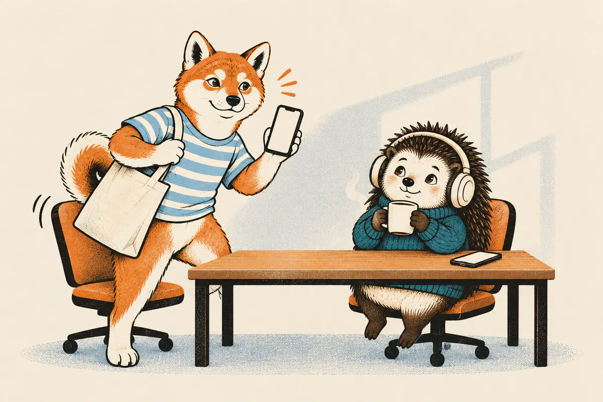 Am Schreibtisch springt ein Shiba mit dem gerade aufleuchtenden Handy vom Stuhl auf, um loszulegen, gegenüber hält ein Igel mit Kopfhörern eine heiße Tasse und überlegt in Ruhe