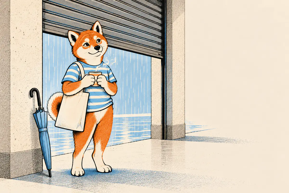 Unter einem Vordach steht ein Shiba vor dem Rolltor, das er hochgeschoben hat, und wartet mit warmem Getränk, bis der Regen aufhört; der zusammengeklappte Schirm lehnt an der Säule