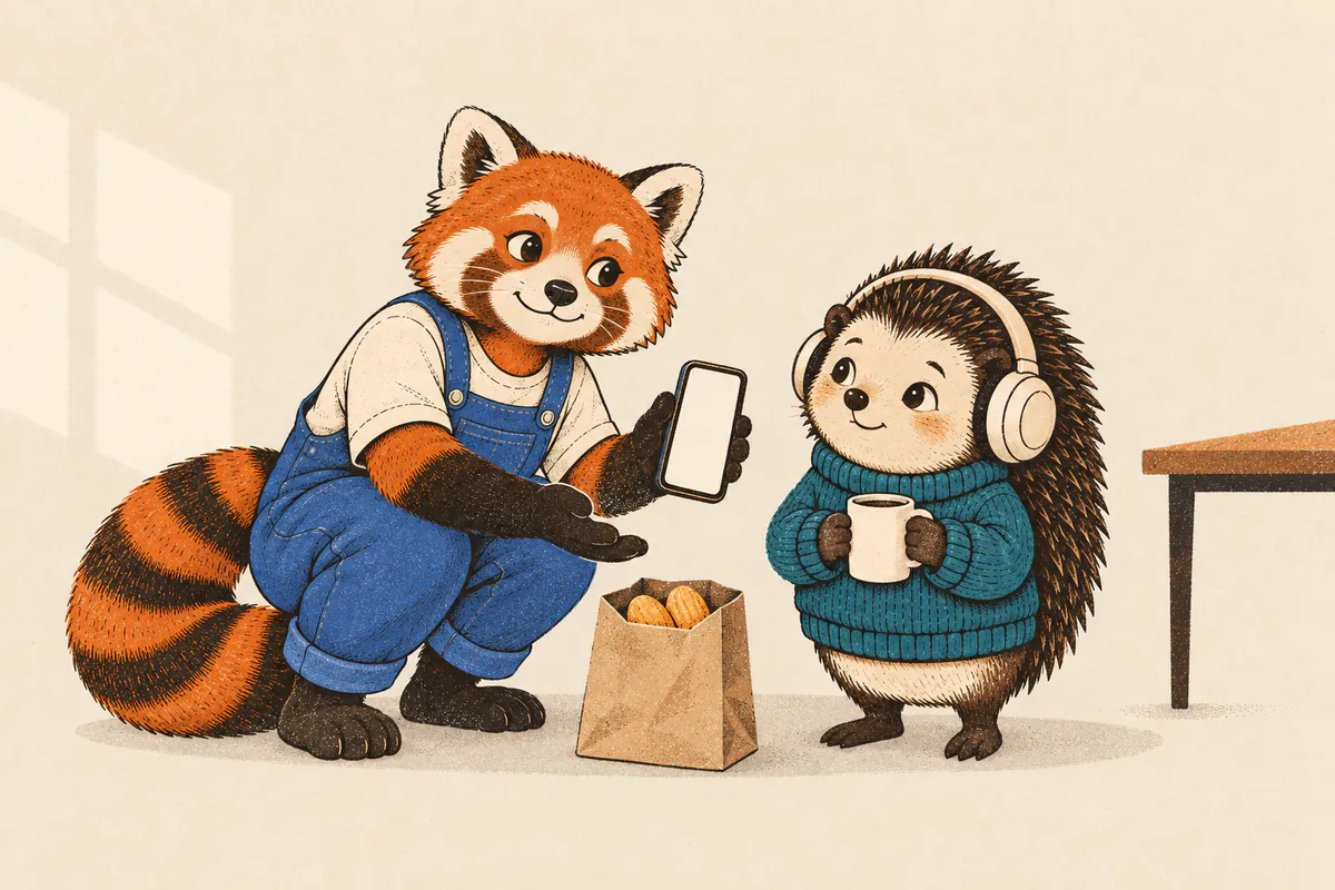 Ein roter Panda hockt sich auf Augenhöhe zum Igel, hält das Handy in der einen Hand und bietet ihm mit der anderen die Wahl an; der Igel lächelt mit warmem Getränk, daneben steht eine Tüte Gebäck