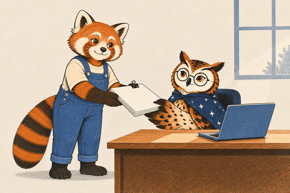 Ein roter Panda geht zum Platz einer Kollegin und reicht lächelnd einen Stapel geordneter Unterlagen an eine Eule mit Brille, die ihn annimmt; der Laptop ist schon aufgeklappt