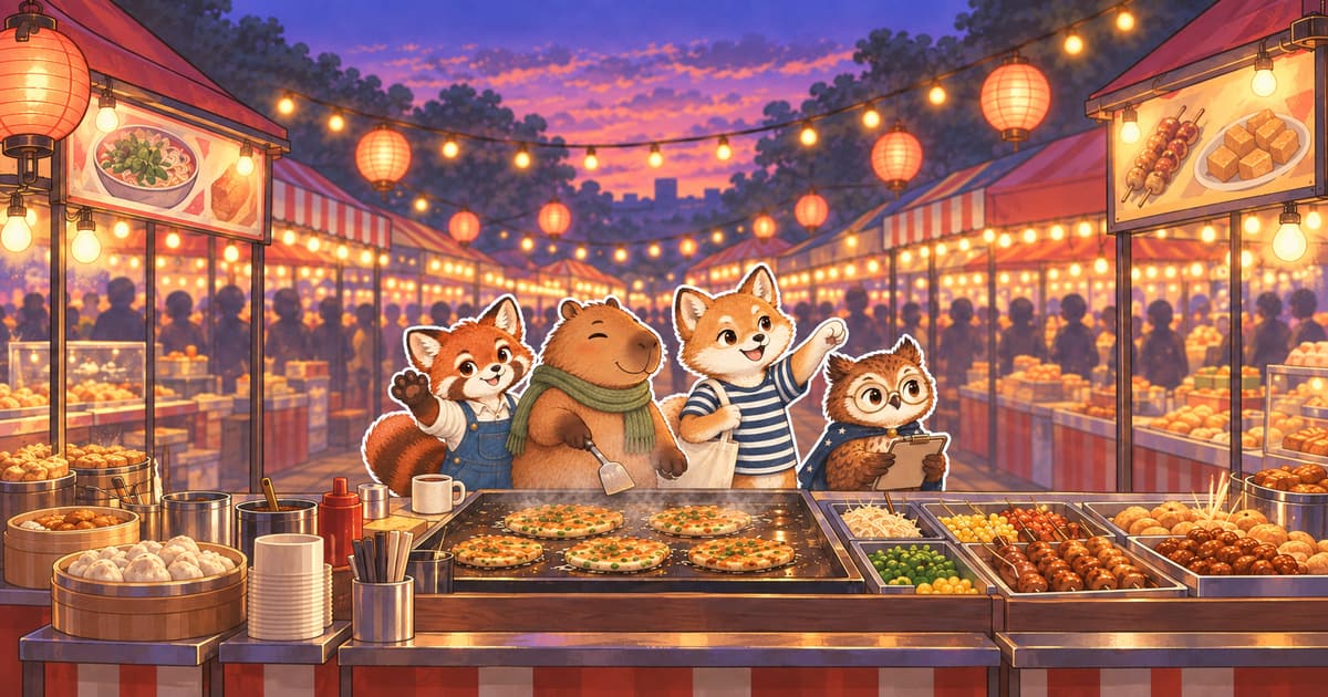 夜市攤位前四隻動物貼紙像一個小團隊:小紅貓熊揮手招呼客人,水豚拿著鍋鏟在鐵板前煎東西,柴柴伸手指向前方,戴眼鏡的貓頭鷹低頭核對訂單,頭頂掛著一排暖黃色燈籠。