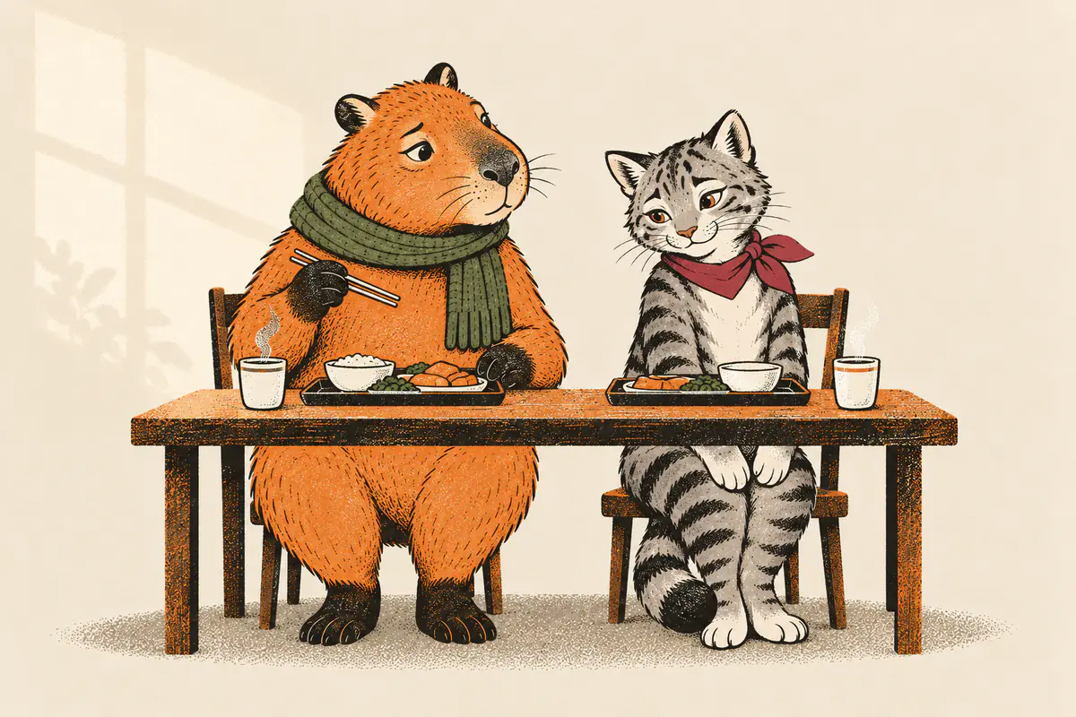 Am Mittagstisch legt ein Capybara mit grünem Schal die Stäbchen ab und wendet sich besorgt einer stillen Tigerkatze neben sich zu, die den Kopf gesenkt hält