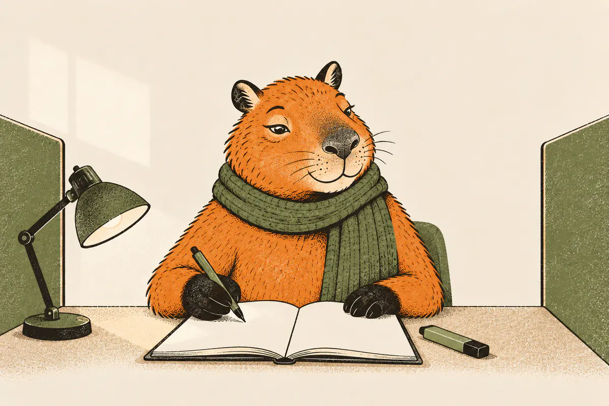 In einer Lernbox der Bibliothek lächelt ein Capybara mit dem Stift in der Hand über sein aufgeschlagenes Notizbuch, Schreibtischlampe und Textmarker liegen griffbereit