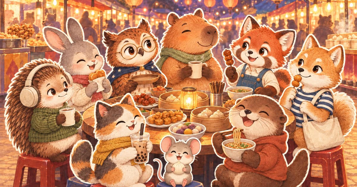 夜市燈籠照亮的一張木頭圓桌旁,九隻不同的貼紙風動物圍坐聊天:白鶴、金毛、野兔、黑貓、貓頭鷹、狐獴、小猴、老虎和水豚,每隻手邊都放著自己的小物件,桌子中央是一盞溫暖的燈籠。