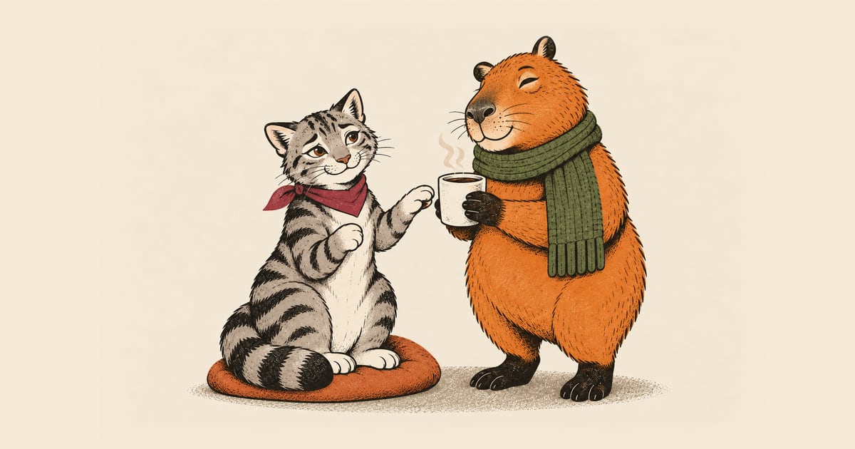 Eine getigerte Katze mit beerenrotem Halstuch sitzt auf einem Kissen, eine Vorderpfote streckt sich nach der heißen Teetasse, die ein Capybara reicht, die andere ist an die Brust zurückgezogen, das Lächeln zögerlich und hoffnungsvoll