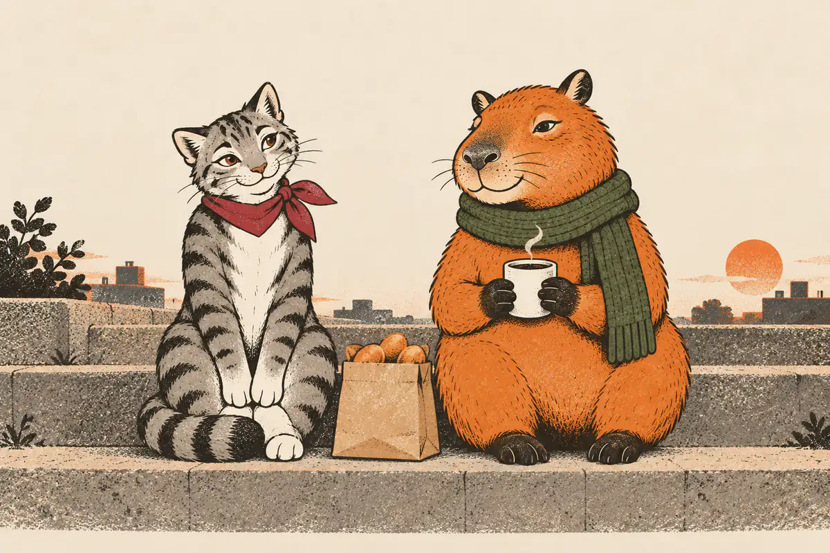 Auf einer Steintreppe im Abendlicht sitzen eine getigerte Katze und ein Capybara nebeneinander und blicken auf die Stadt, dazwischen eine Tüte Gebäck, die Katze lächelt schüchtern