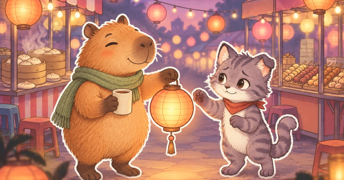 安靜的夜市攤位前,紫灰色虎斑貓一隻前爪半伸向水豚遞來的暖黃燈籠,另一隻前爪往回收,臉上帶著猶豫又期待的淺淺微笑,四周是柔和的暖光。