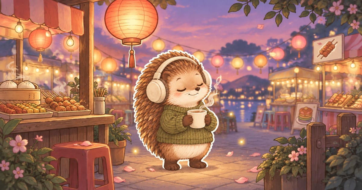 夜市邊緣安靜的角落,一隻小刺蝟坐在柔和發光的紙燈籠下,閉著眼睛輕輕聞著一杯冒熱氣的茶;身邊有螢火蟲和飄落的花瓣,遠處攤位的燈火一片朦朧,畫面平靜。