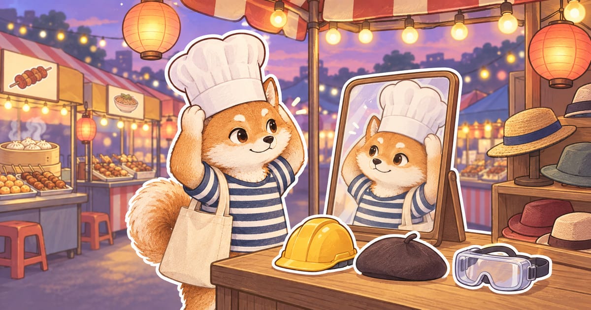 夜市帽子攤前,穿條紋上衣的柴柴對著立鏡試戴白色廚師帽,櫃檯上擺著黃色工地安全帽、深色貝雷帽和透明護目鏡,架上還有幾頂草帽。