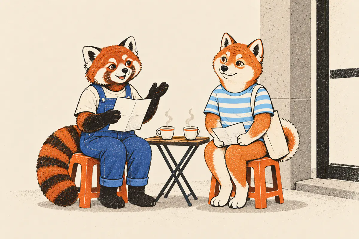 Sur des chaises en plastique devant une supérette, un panda roux lit une feuille à voix haute en gesticulant, et un shiba, sa feuille en main, l’écoute en souriant ; deux gobelets fument.