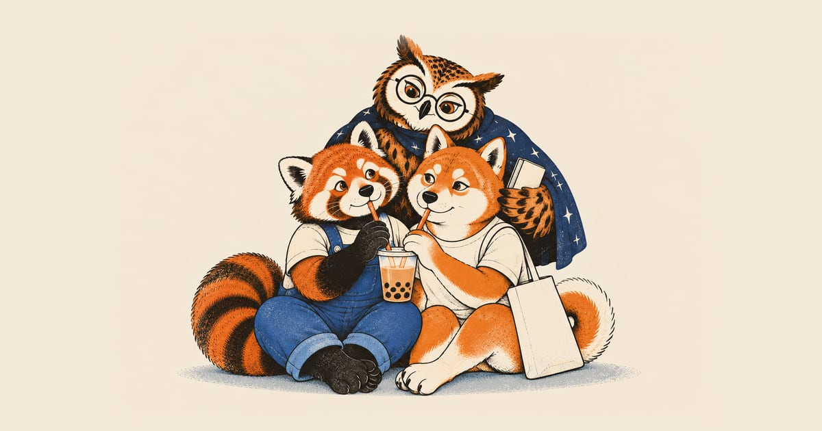 Un panda roux et un shiba assis côte à côte partagent un thé aux perles avec deux pailles ; une chouette à lunettes rondes, drapée dans une cape étoilée, les regarde avec bienveillance par-dessus leur épaule