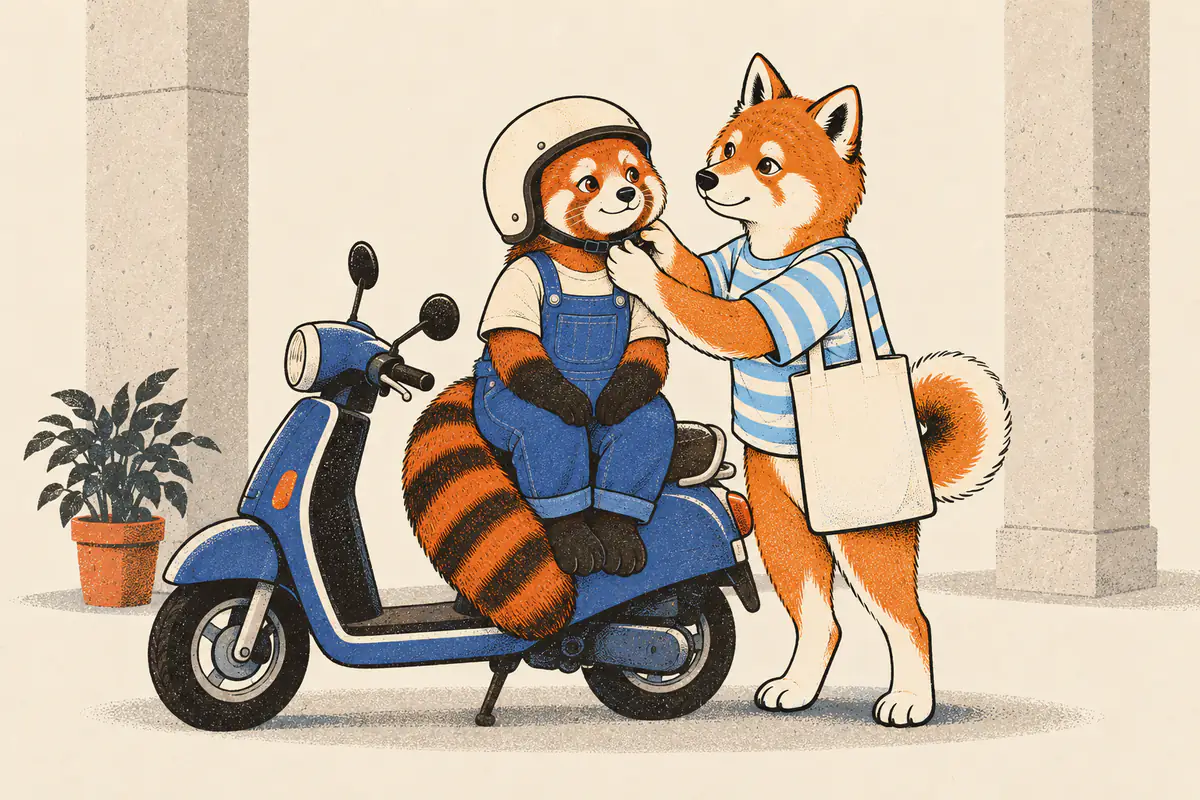 Sous un auvent, un panda roux est assis à l’arrière d’un scooter pendant qu’un shiba se penche pour boucler la jugulaire de son casque, et ils se sourient.