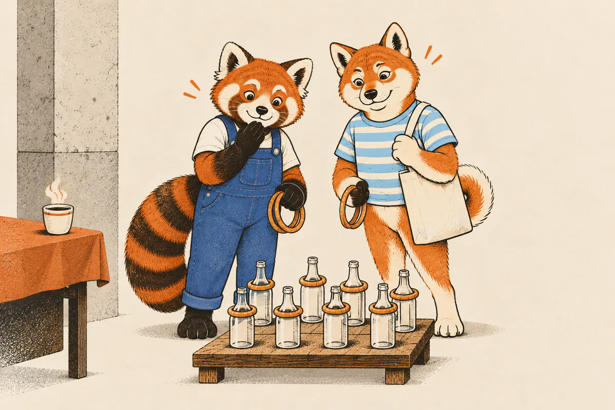 À un stand de jeu d’anneaux en bois, un panda roux et un shiba tiennent encore leurs cerceaux et regardent, ravis, presque toutes les bouteilles en verre du présentoir coiffées d’un anneau.