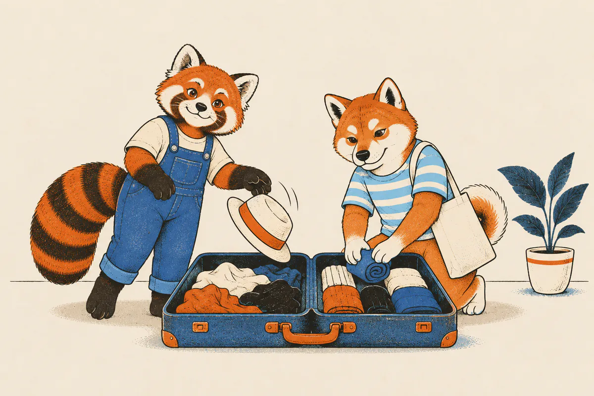 De part et d’autre d’une valise ouverte, le shiba a roulé ses vêtements en rangées bien nettes de son côté, pendant que le panda roux jette un chapeau de paille dans le sien sans y faire attention.