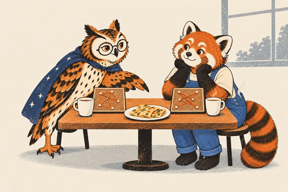 Auf dem Frühstückstisch stehen Sojamilch und ein Eierpfannkuchen, Eule und Roter Panda haben je eine Korkpinnwand mit anders gespannten Fäden vor sich, die Eule beugt sich fragend vor