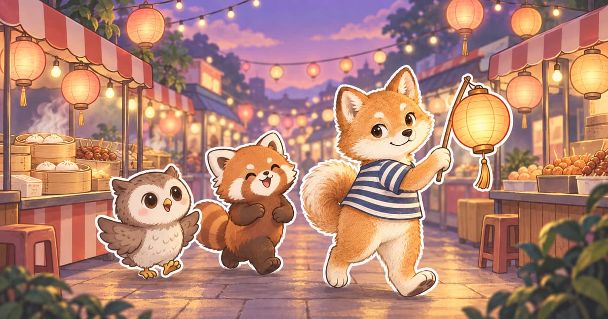 紫色黃昏的夜市燈籠巷裡,穿條紋上衣的柴柴舉著一盞掛在短竹竿上、透出暖光的素面圓紙燈籠,像導遊一樣帶頭往前走,小紅貓熊和貓頭鷹笑著跟在後面,兩旁小攤的燈籠把整條巷子照得暖黃。