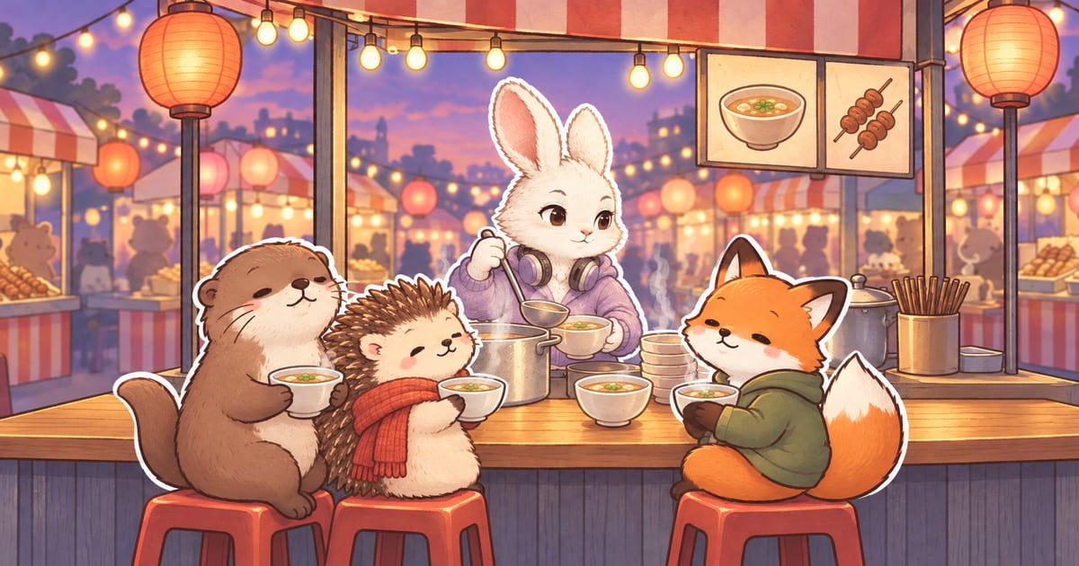 黃昏的夜市湯攤,穿淡紫色連帽衣的白兔站在湯鍋後拿長柄湯勺盛湯,櫃台前的紅色板凳上坐著水獺、圍紅圍巾的刺蝟和穿綠色連帽衣的狐狸,各自捧著一碗熱湯,頭頂掛著橘色燈籠。