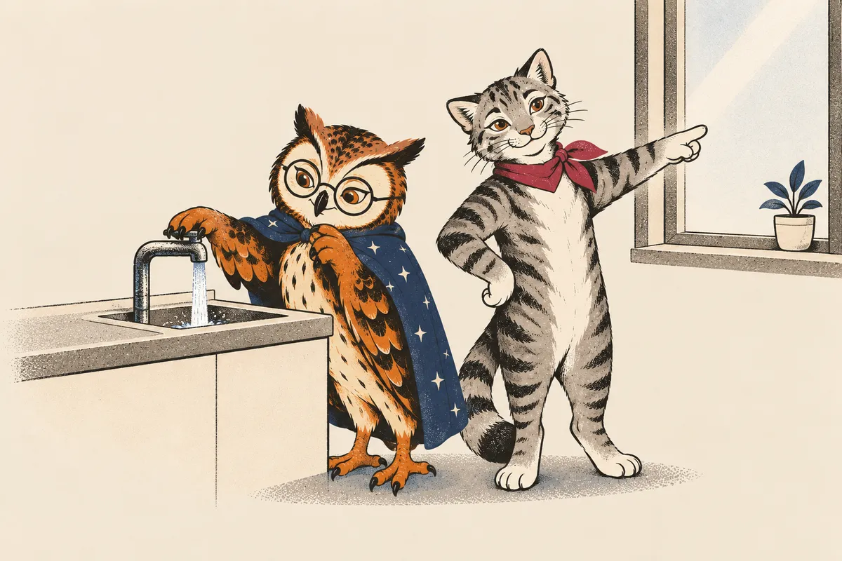 Bei der Wohnungsbesichtigung zeigt eine Katze mit rotem Halstuch begeistert aus dem Fenster, während eine Eule an der Spüle den Wasserhahn aufdreht und den Wasserdruck prüft