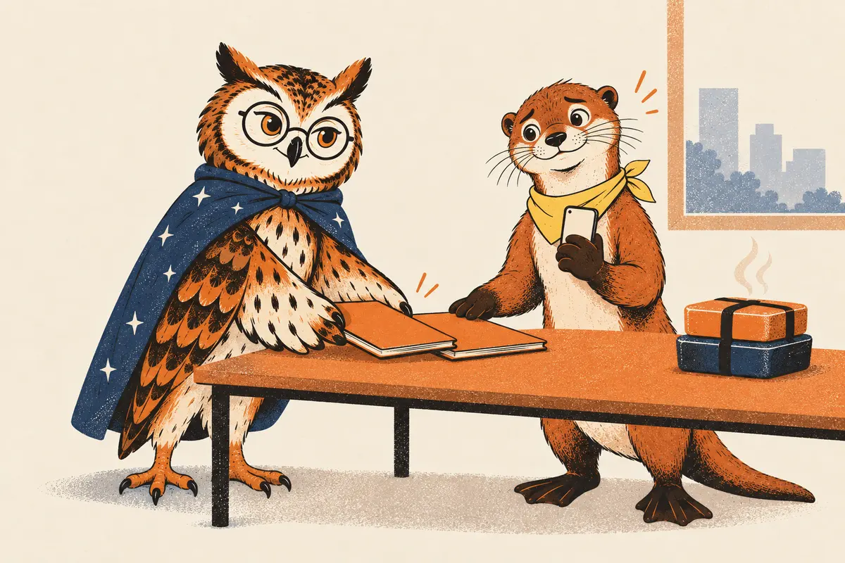 Am Besprechungstisch schiebt eine Eule ruhig zwei orangefarbene Mappen über den Tisch, ihr gegenüber hält ein Otter mit gelbem Halstuch nervös sein Handy; am Tischende dampfen Essensboxen