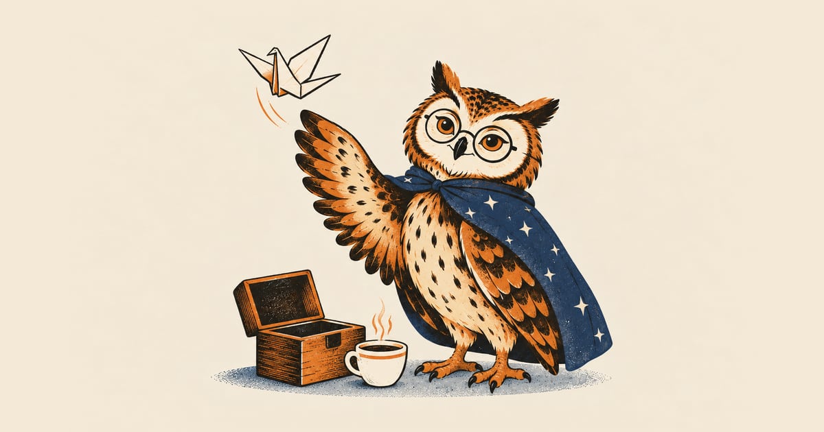 Eine Eule mit runder Brille und sternenbesetztem nachtblauem Umhang hebt den Flügel und lässt einen Papierkranich fliegen, mit zärtlichem, leicht wehmütigem Blick; zu ihren Füßen stehen ein offenes Holzkästchen und eine Tasse Tee