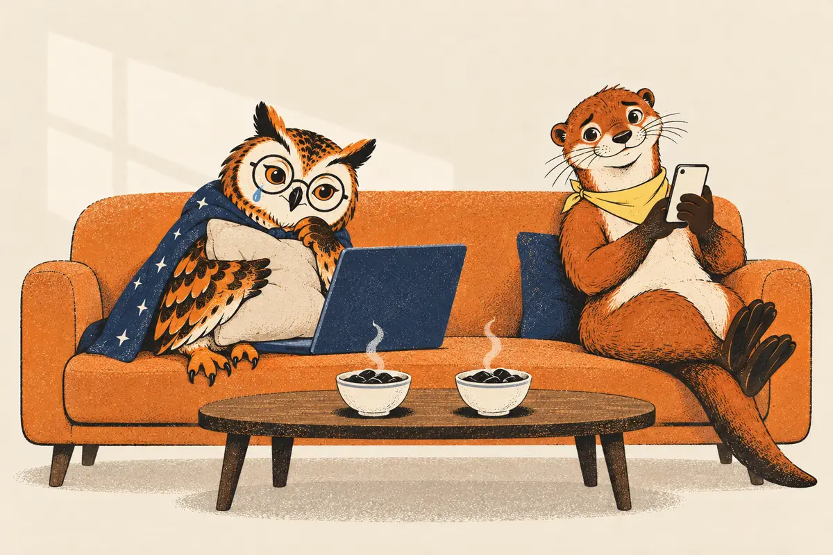 Auf dem Sofa sitzt eine Eule mit Kissen im Arm und einer Träne im Augenwinkel vor dem Laptop, daneben scrollt ein Otter mit gelbem Halstuch entspannt am Handy; auf dem Tisch dampfen zwei Schalen