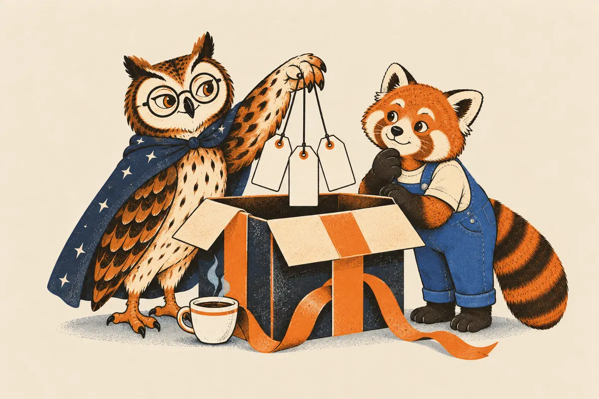 Eine Eule zieht aus einer aufgerissenen Geschenkbox drei leere kleine Anhänger, ein Roter Panda in Latzhose hält die Box fest und beugt sich neugierig vor