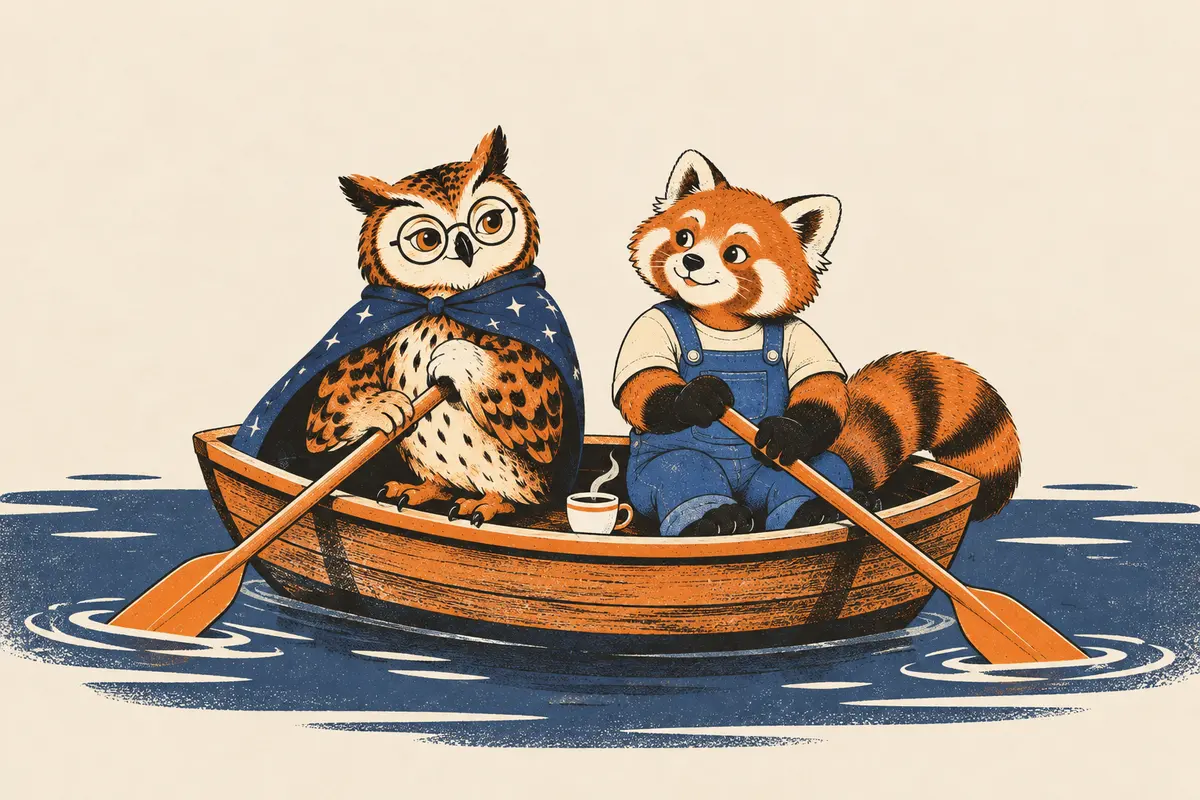 Auf einem ruhigen Fluss sitzen Eule und Roter Panda nebeneinander in einem kleinen Holzboot, beide halten ein Ruder in der Pfote, zwischen ihnen steht eine Tasse heißen Tees