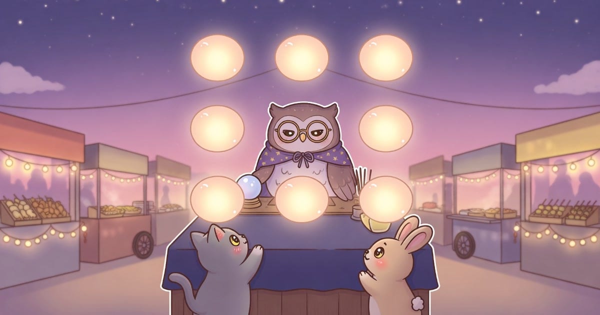 紫色星空黃昏下的夜市算命小攤,一隻戴著小圓眼鏡的貓頭鷹貼紙角色坐在木桌後,桌子上方漂浮著排成三乘三方陣的九顆發光燈籠球;一隻貓和一隻兔子客人從攤位邊好奇地探頭張望。