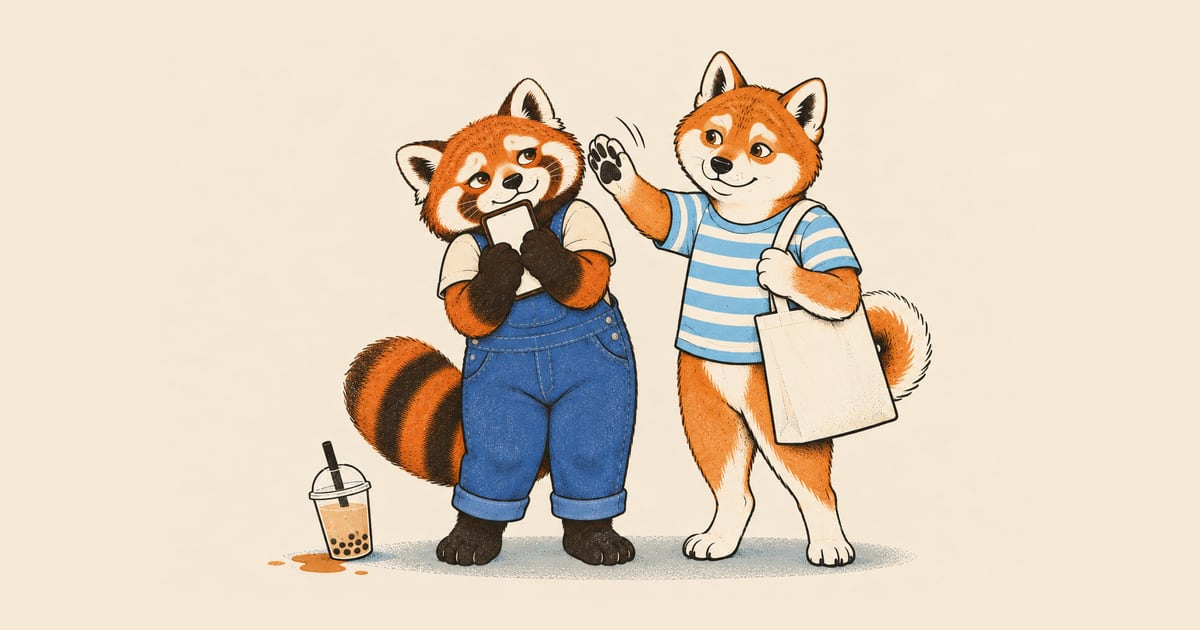 Ein Kleiner Panda in Latzhose drückt selig sein Handy an die Brust, zu seinen Füßen ist ein Becher Bubble Tea ausgelaufen, ohne dass er es bemerkt, daneben winkt ihm ein Shiba Inu im gestreiften Shirt zu