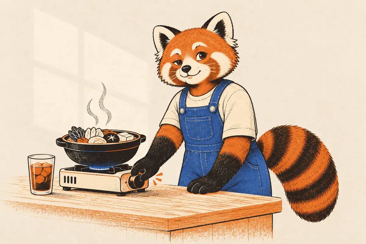 An einer Holztheke dreht ein Kleiner Panda mit der Hand die Flamme unter einem kleinen Fondue-Topf herunter und lächelt in den dampfenden Topf, daneben steht ein Glas Eistee