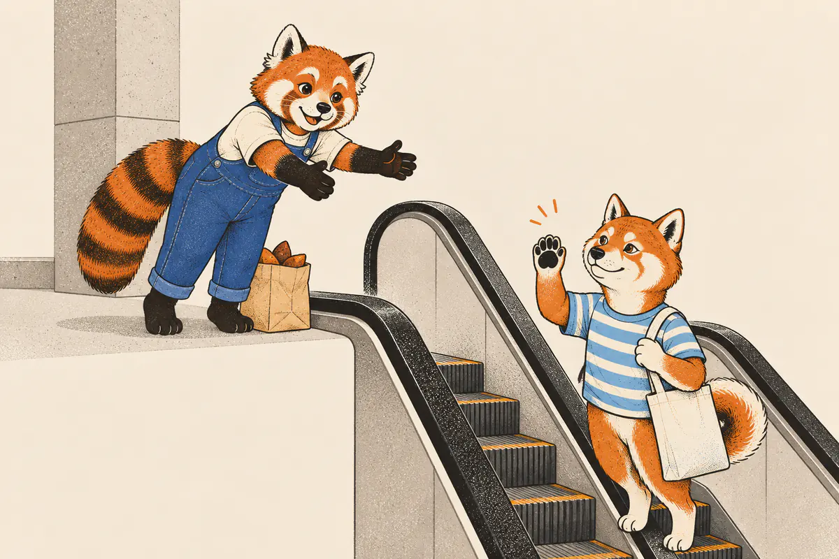 Oben an einer Rolltreppe am U-Bahn-Ausgang lehnt sich ein Kleiner Panda mit ausgebreiteten Armen nach vorn, zu seinen Füßen eine Tüte gebackener Süßkartoffeln, ein Shiba Inu fährt winkend herauf
