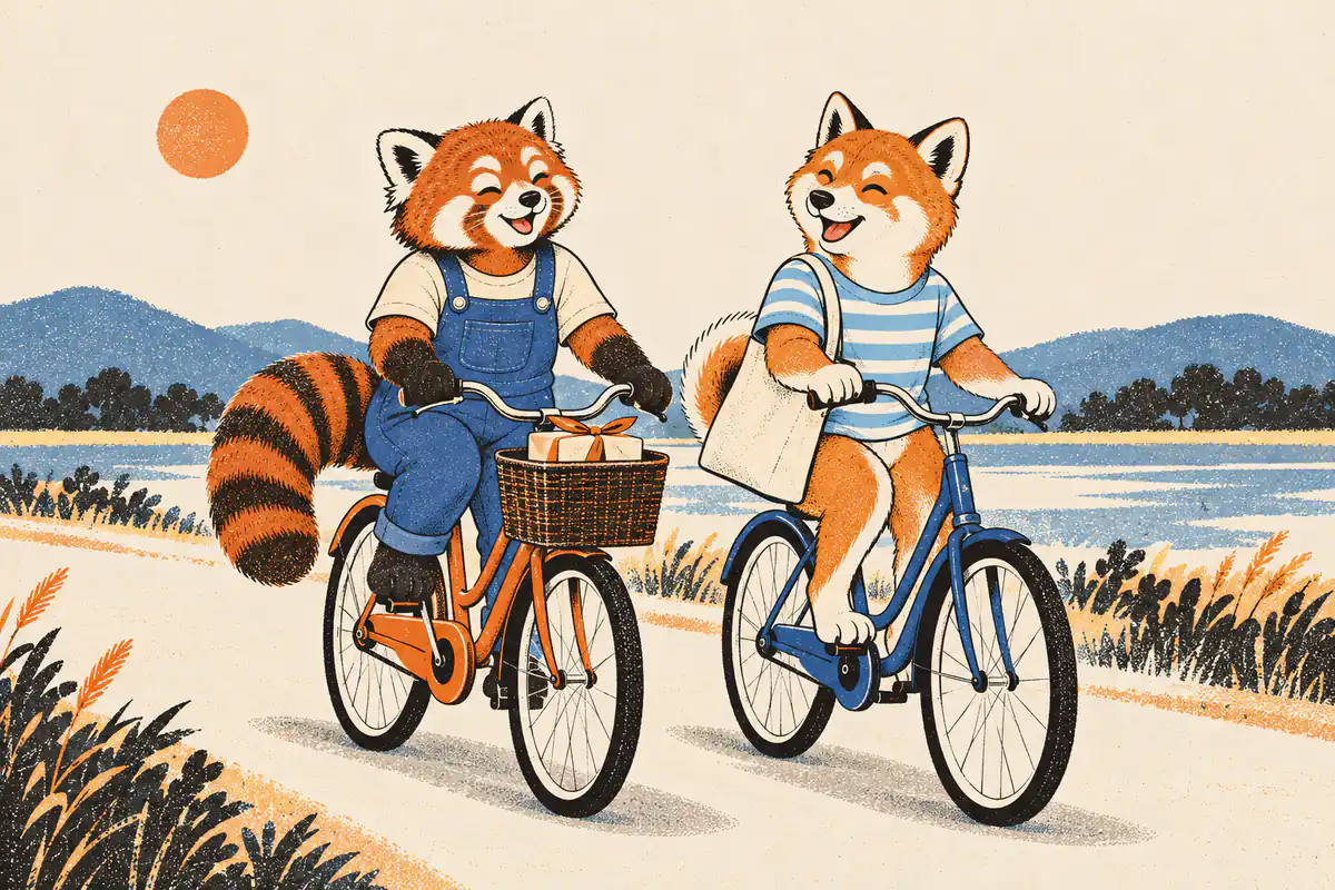 Auf einem Radweg vor fernen Bergen fahren ein Kleiner Panda und ein Shiba Inu auf zwei Fahrrädern nebeneinander und lachen mit zusammengekniffenen Augen, in den Körben liegen Brotdosen