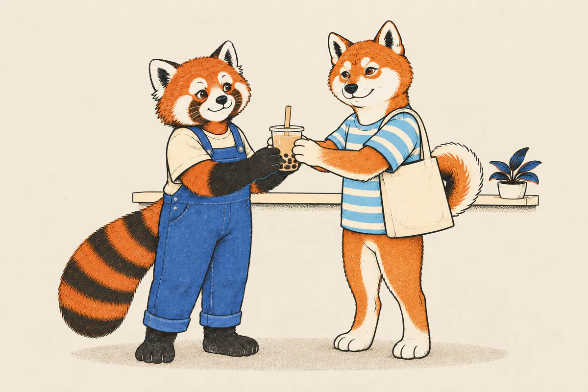 An einem Getränkestand reicht ein Shiba einem kleinen Roten Panda einen Bubble Tea, der Rote Panda nimmt ihn mit beiden Pfoten und freut sich