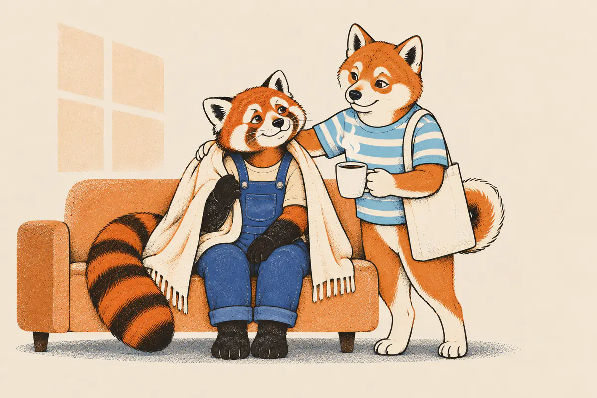 Ein müder Roter Panda sitzt nach Feierabend auf dem Sofa, der Shiba legt ihm eine Decke um und reicht ein heißes Getränk, beide lächeln sich an