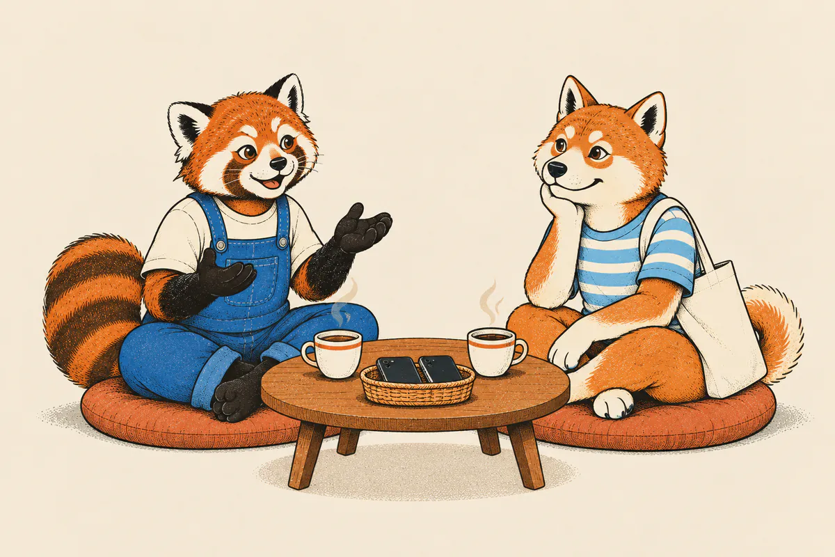 Ein Shiba und ein kleiner Roter Panda sitzen im Schneidersitz auf Kissen einander gegenüber und reden, auf dem Tisch zwei Tassen Tee, die Handys liegen mit dem Display nach unten im Korb